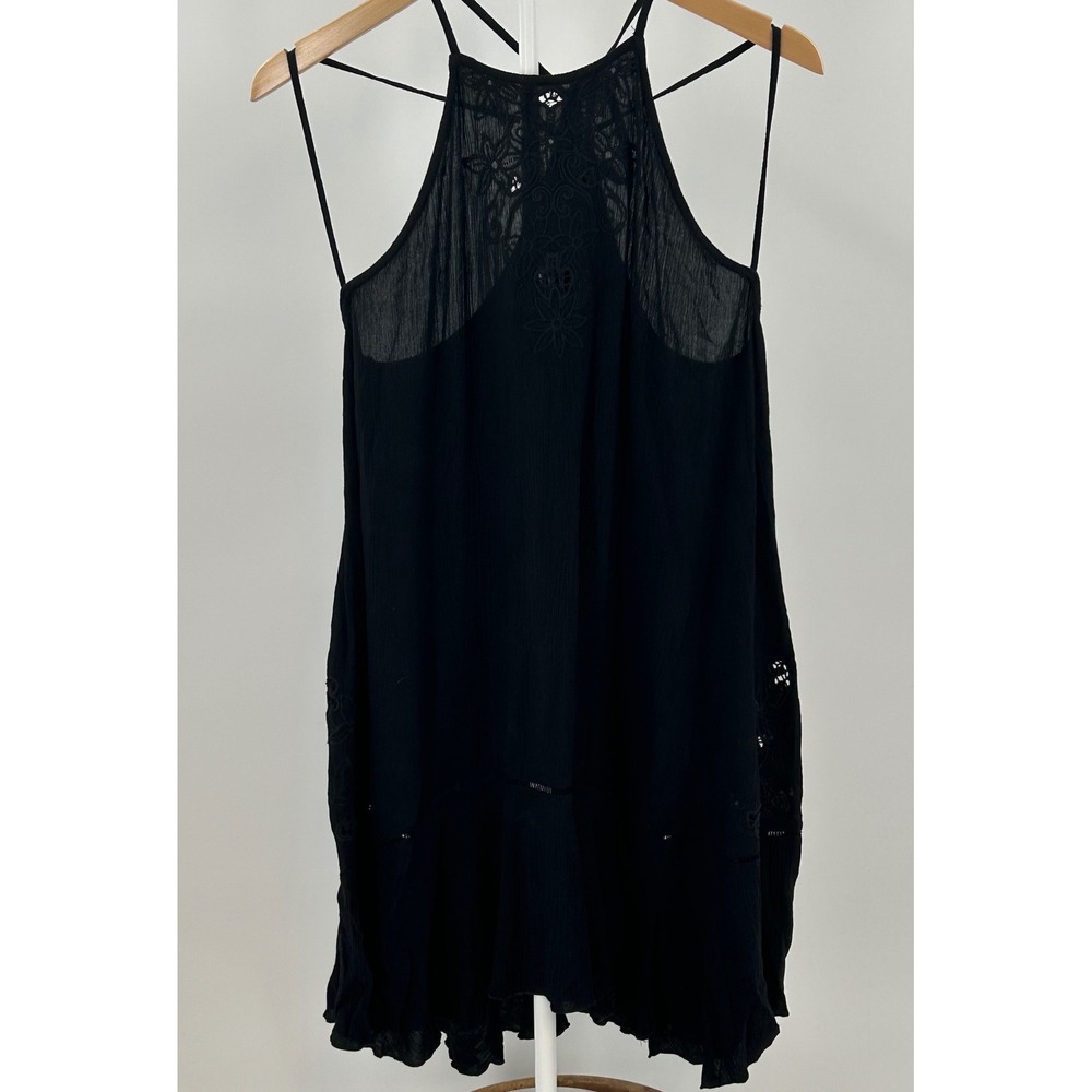 Intimately Free People Black Embroidered Lace Halter Mini Dress Boho Gauze Mβ